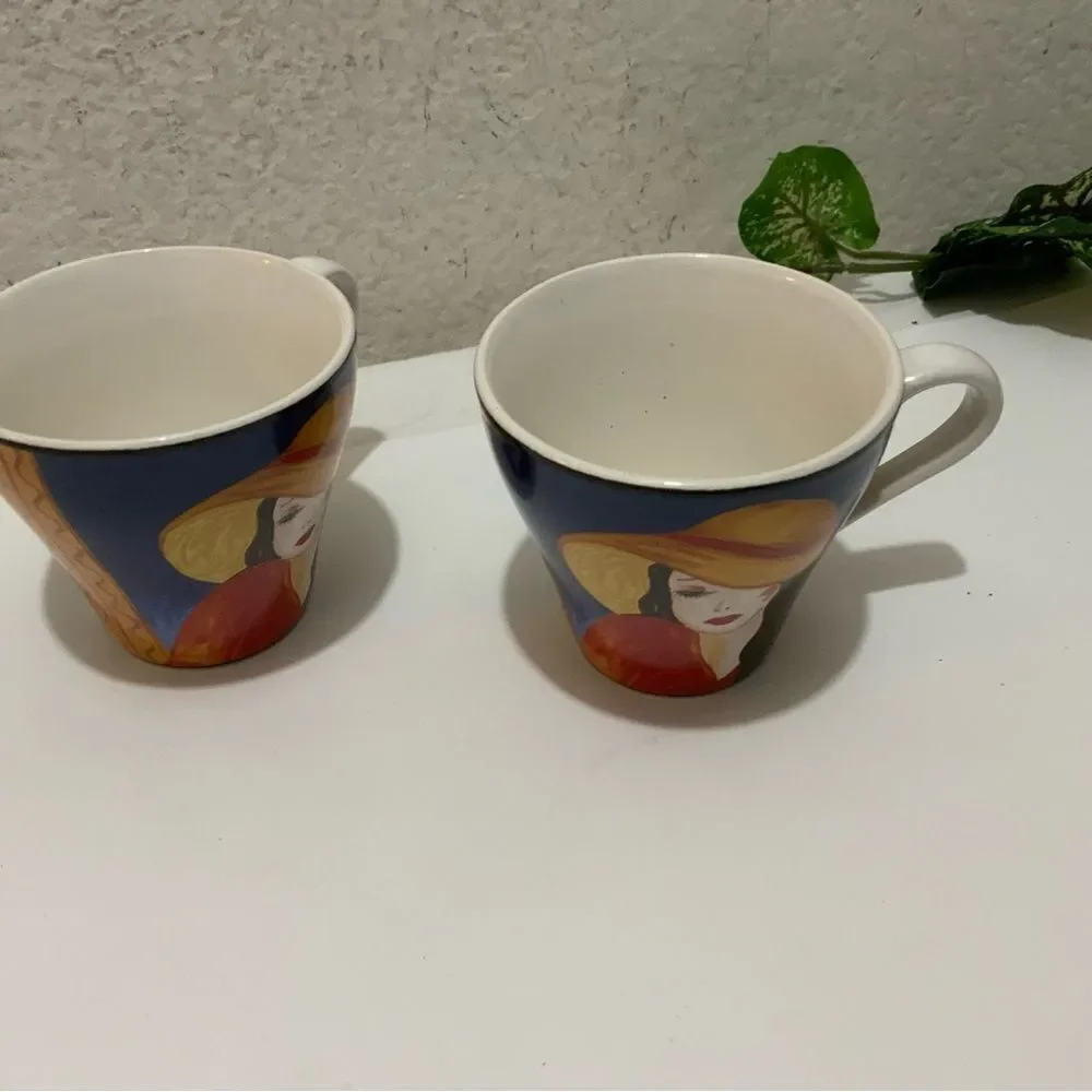 Sango Cafe Paris Microwave Oven Safe Women In Hats Coffee Mug Cups Set Of 2 G3